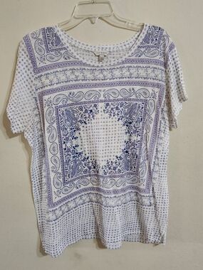 Lucky Brand White and Lavender Paisley Square-Print Short Sleeve Tee